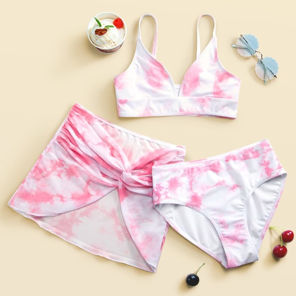 

3pack Girls Tie Dye Bikini Swimsuit & Beach Skirt, Pink