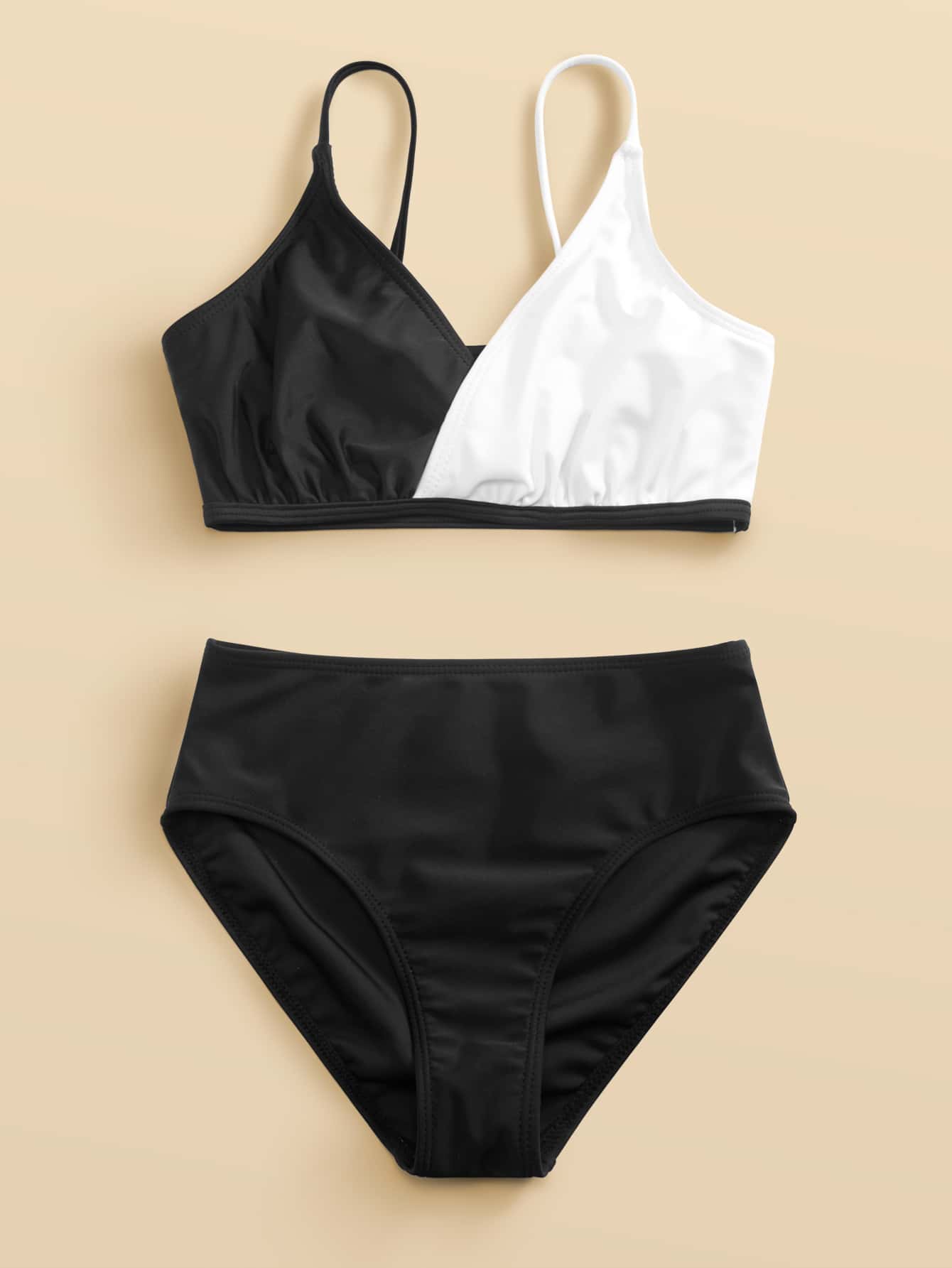 Tween Girl Color Block Bikini Set Summer Beach - Black and White - View 1