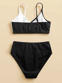 Tween Girl Color Block Bikini Set Summer Beach - Black and White - View 2