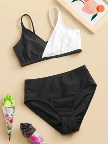 Tween Girl Color Block Bikini Set Summer Beach - Black and White - View 3