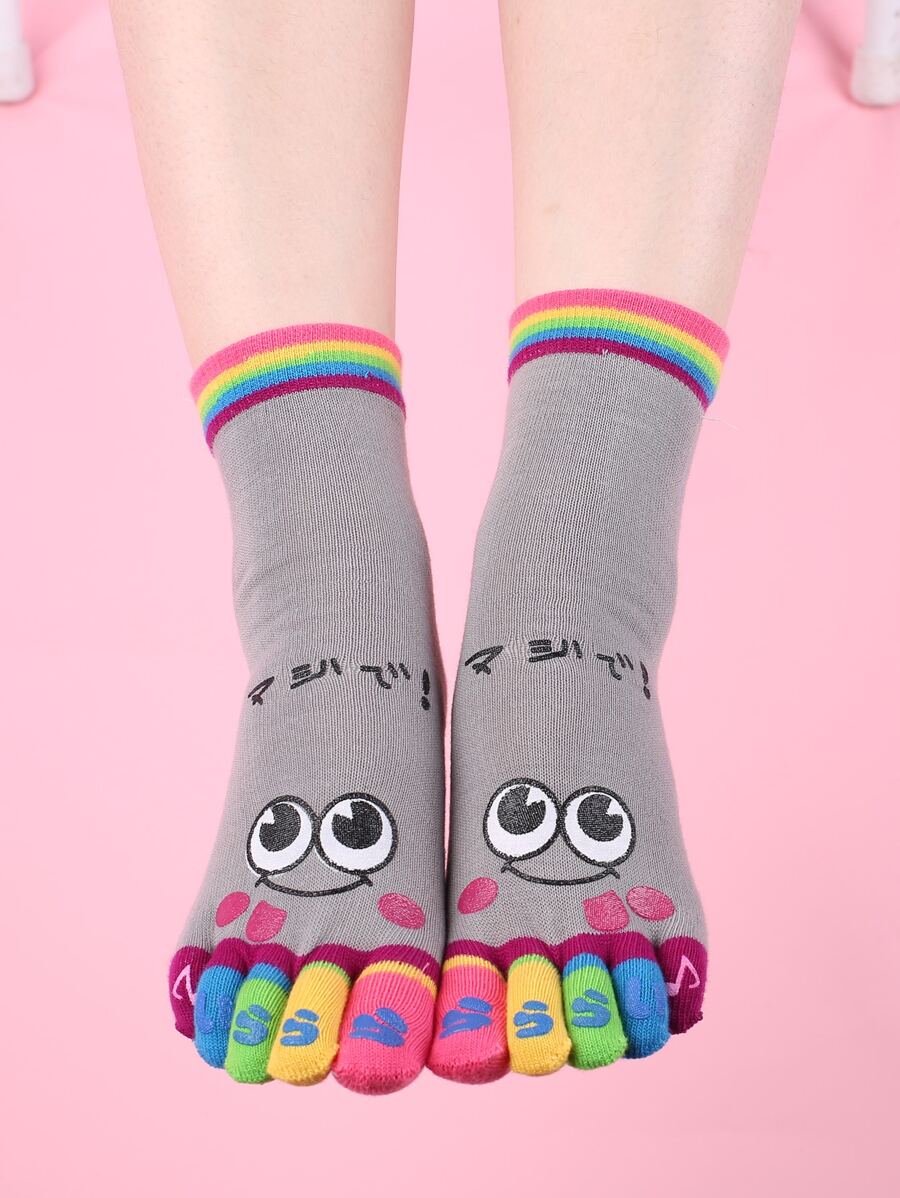 Cartoon Graphic Toe Socks - Grey - View 1
