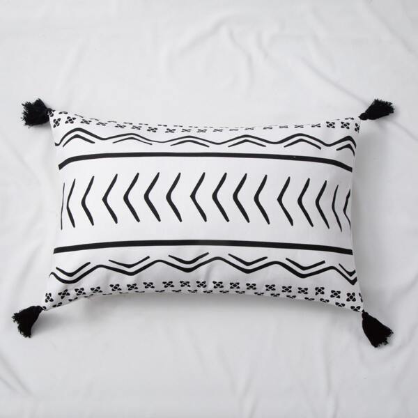 

1pc Tassel Detail Lumbar Pillowcase Without Filler, Black and white
