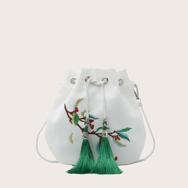 

Girls Tassel & Embroidery Decor Bucket Bag, White
