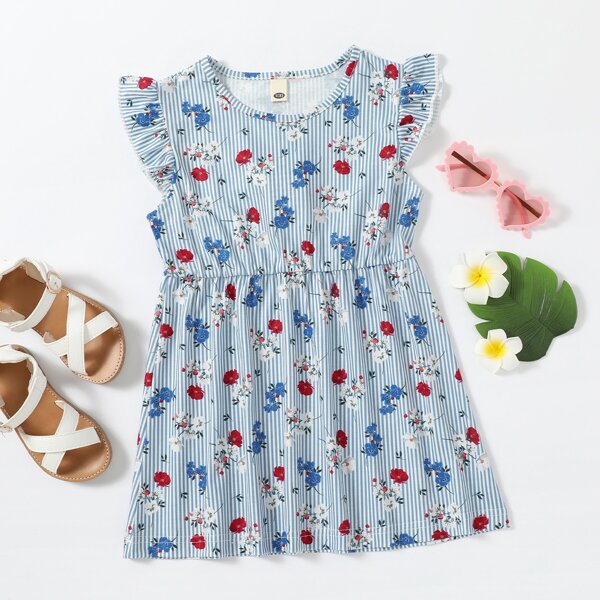 

Toddler Girls Floral And Striped Ruffle Babydoll Dress, Blue and white