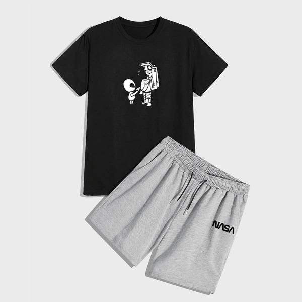

Men Cartoon Graphic Tee & Drawstring Waist Shorts, Multicolor