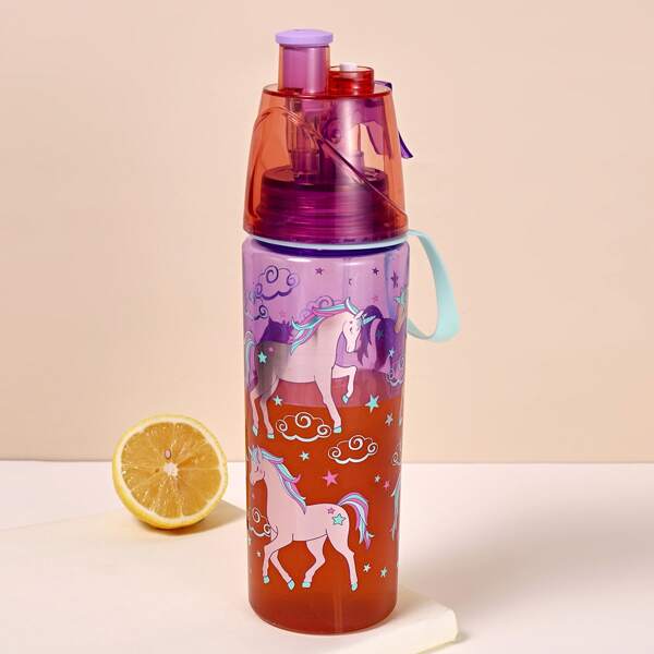 

Unicorn Print Sport Bottle With Straw, Purple