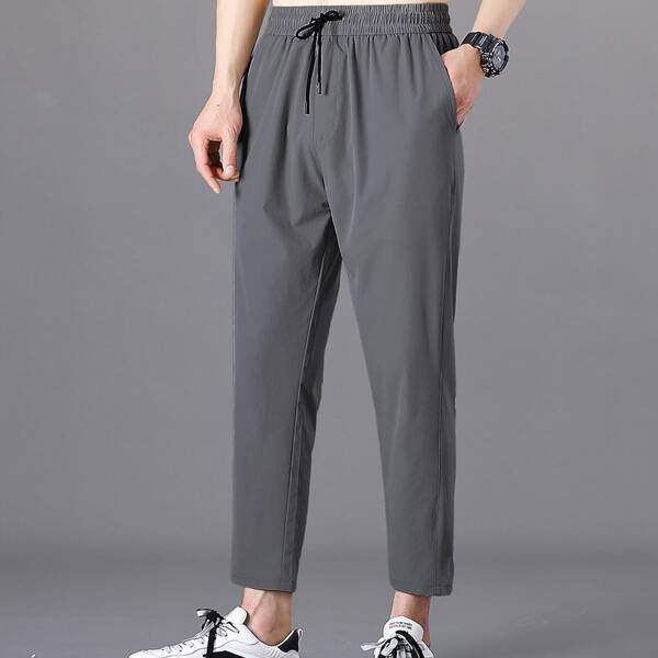 

Men Solid Drawstring Waist Slant Pocket Pants, Dark grey