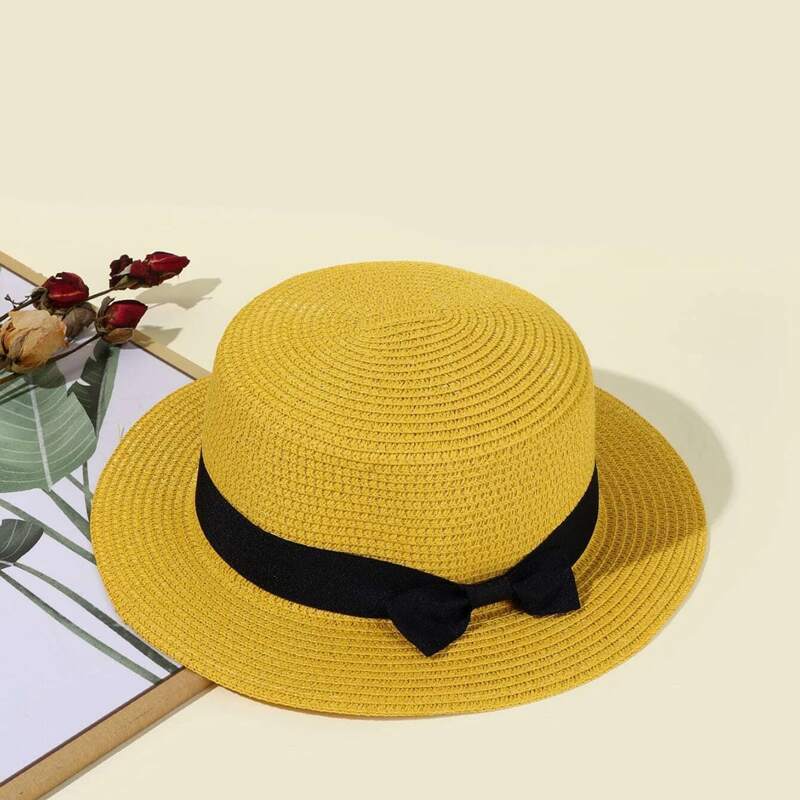 

1pc Bow Decor Straw Hat, Mustard yellow