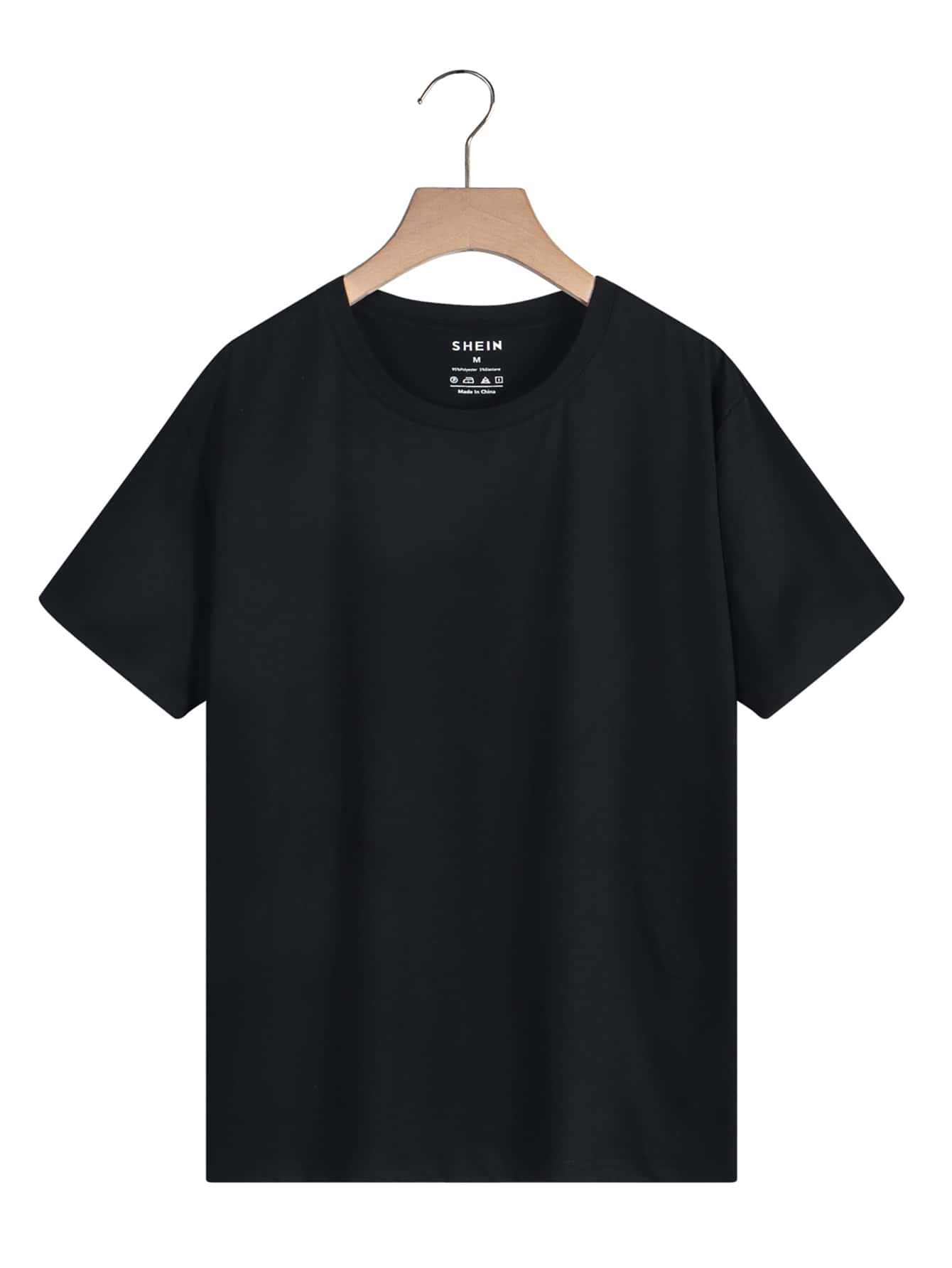 SHEIN LUNE Solid Crew Neck Tee - Black - View 1
