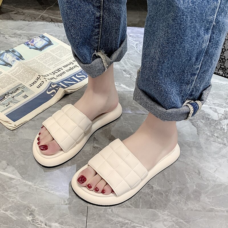 

Quilted Band Slide Sandals, Beige