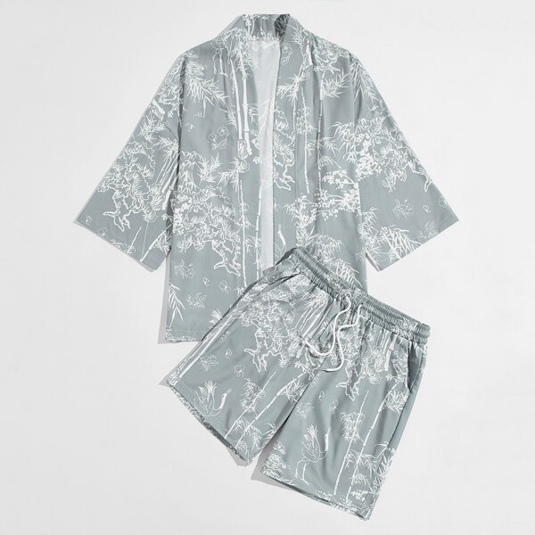 

Men Plants Print Kimono & Drawstring Shorts, Light grey