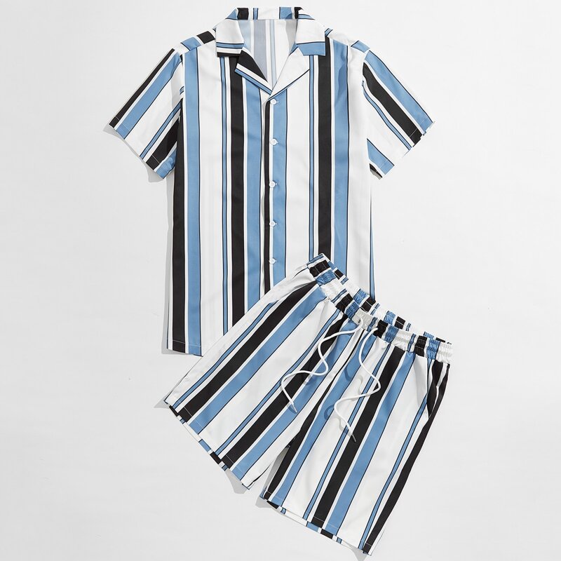 

Guys Colorful Stripe Button Up Shirt & Shorts, Blue