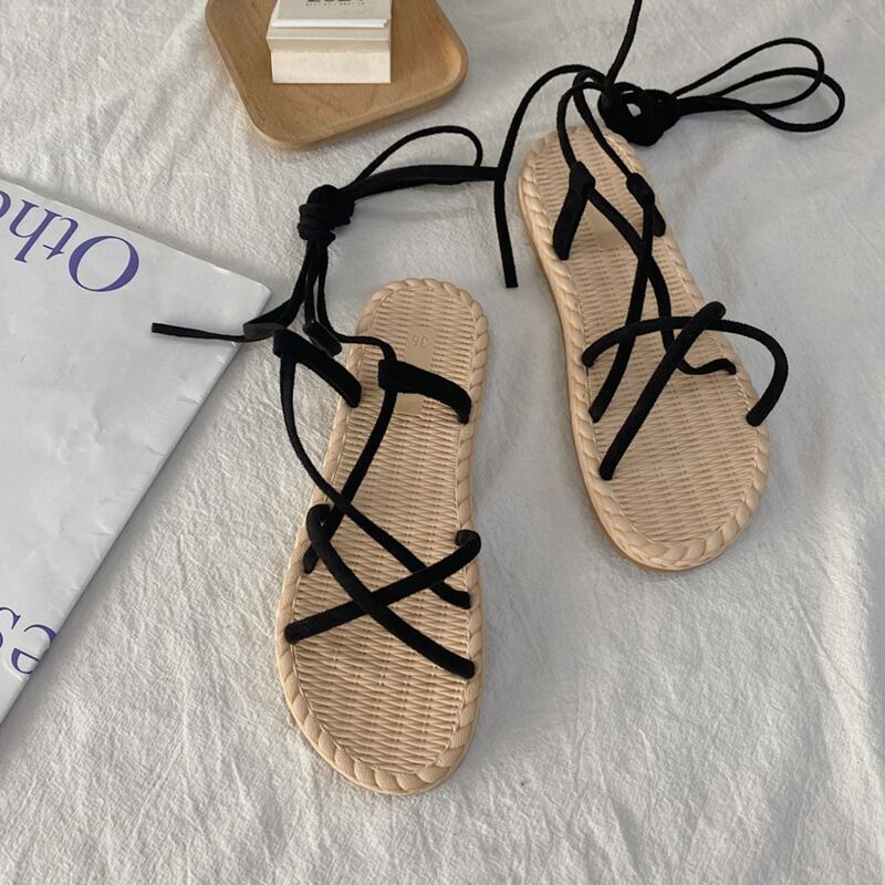 

Criss Cross Tie Leg Flat Sandals, Black
