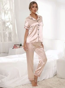 Contrast Piping Satin Blouse And Pants PJ Set / Pajama Set - Baby Pink - View 3