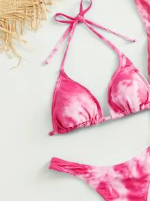 3件装扎染三角比基尼套装及罩衫，适合夏季海滩度假 - 玫紅色 - 查看 3