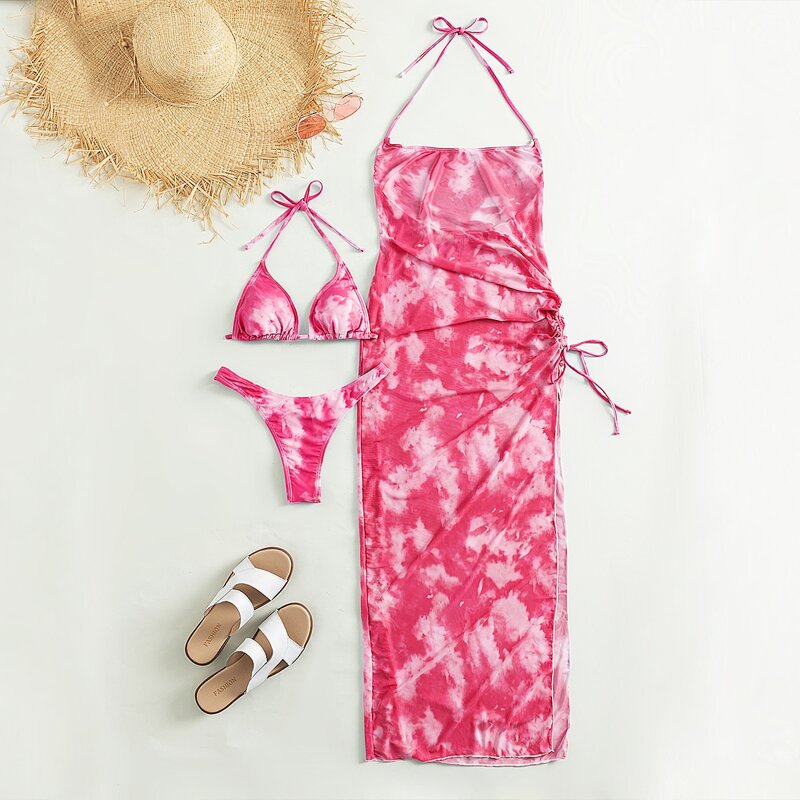 

3pack Tie Dye Triangle Bikini Swimsuit & Cover Up, Hot pink