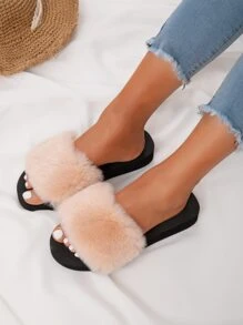 Open Toe Fluffy Slides - Apricot - View 2