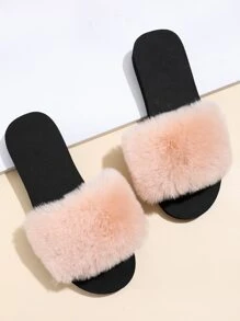Open Toe Fluffy Slides - Apricot - View 4