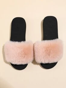 Open Toe Fluffy Slides - Apricot - View 5