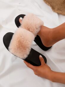 Open Toe Fluffy Slides - Apricot - View 7