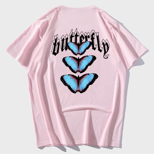 

Men Butterfly And Letter Graphic Tee, Baby pink