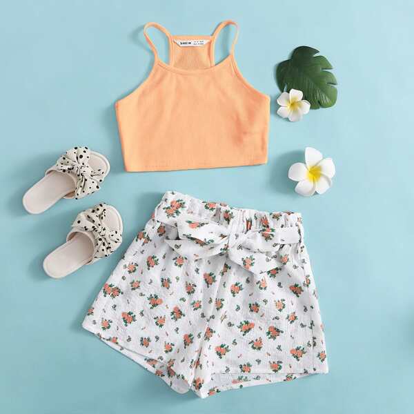 

Girls Cami Top & Self Belted Ditsy Floral Shorts Set, Multicolor