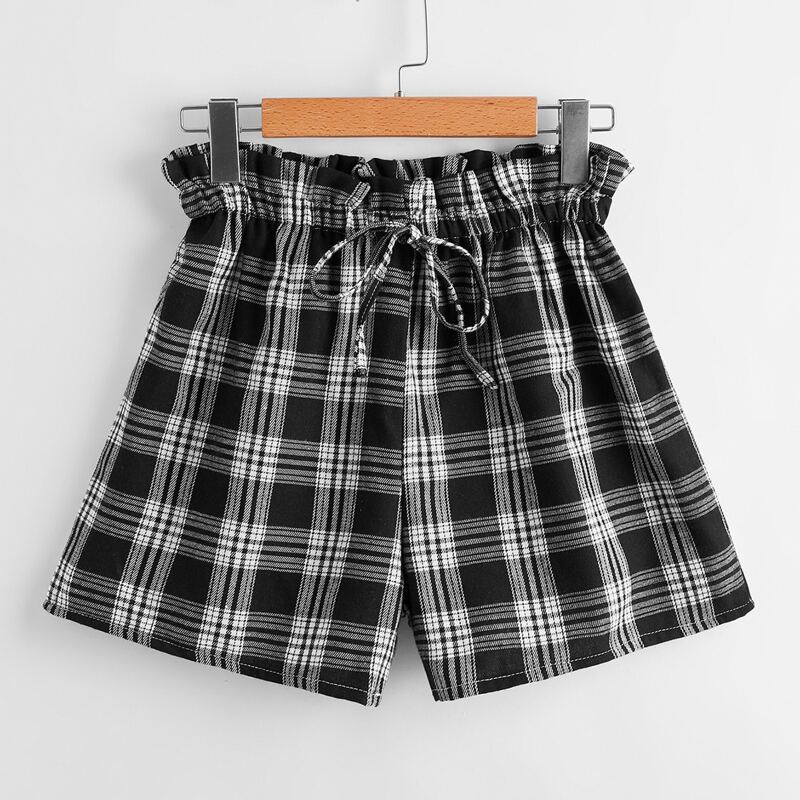 

Plaid Paper Bag Waist Shorts, Black and white