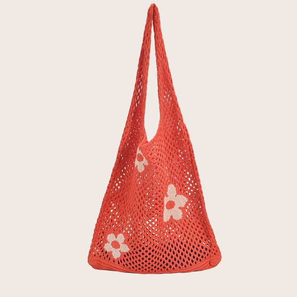 

Floral Graphic Crochet Tote Bag, Hot pink