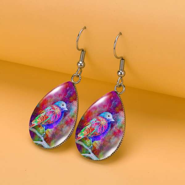

Bird Pattern Water-drop Earrings, Multicolor