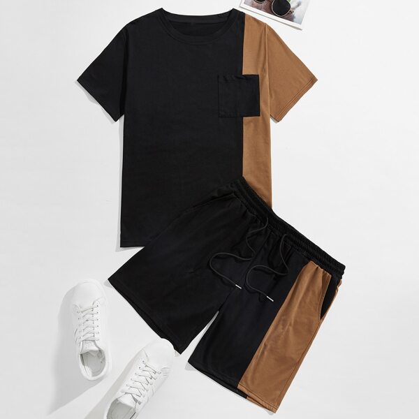 

Men Colorblock Tee With Drawstring Shorts, Black