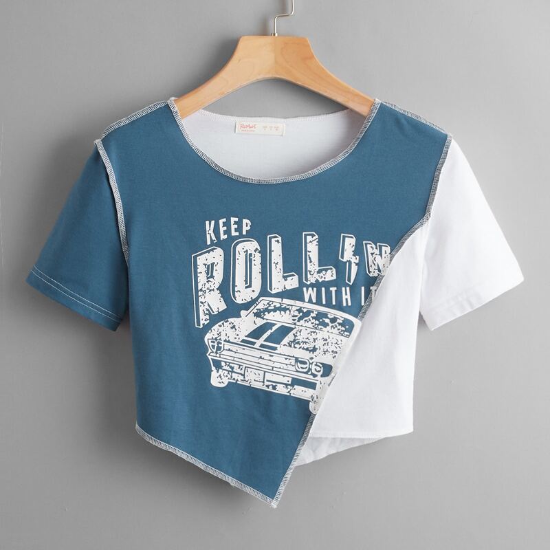 

Stitching Trim Letter Graphic Colorblock Tee, Blue and white