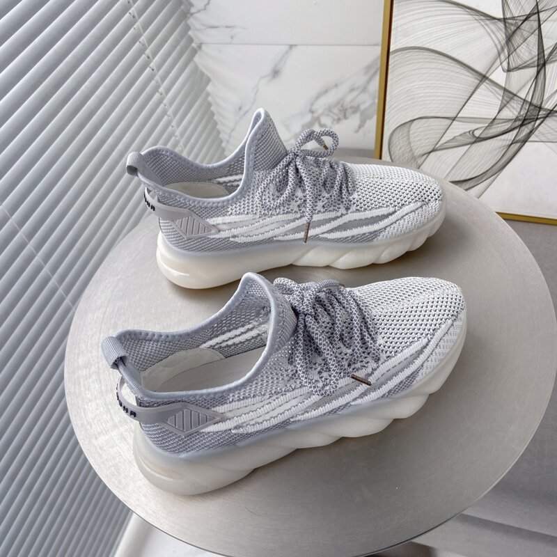 

Striped Lace-up Knit Sneakers, Grey