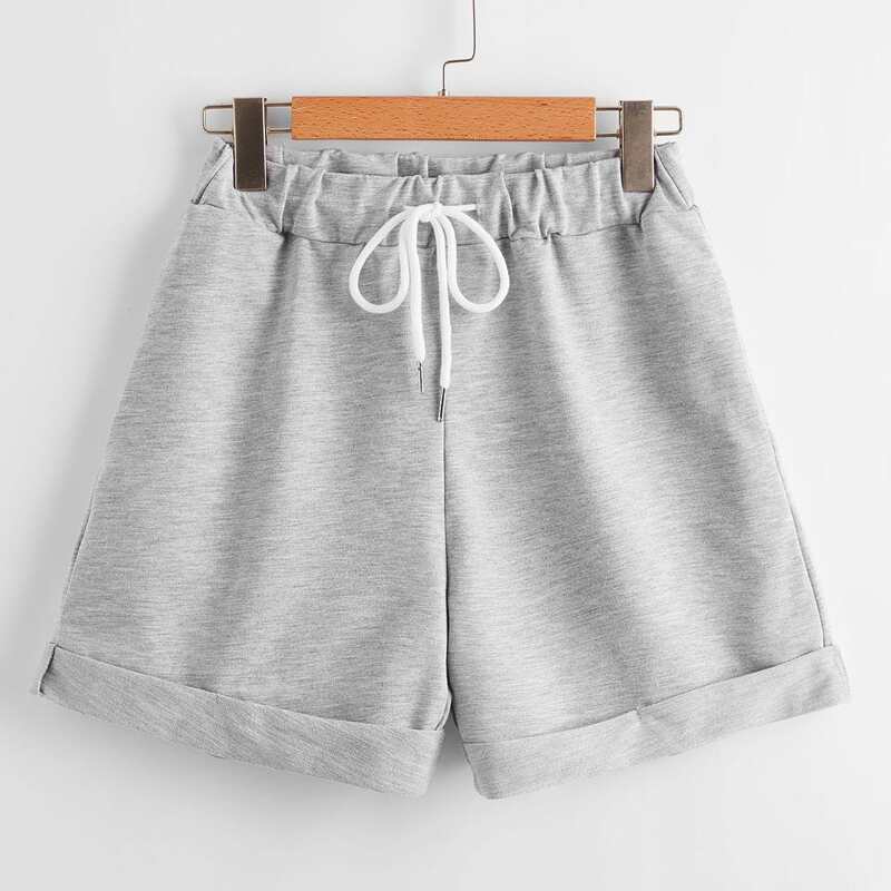 

Solid Cuffed Drawstring Shorts, Light grey