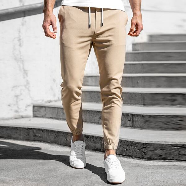 

Men Drawstring Waist Tapered Pants, Khaki