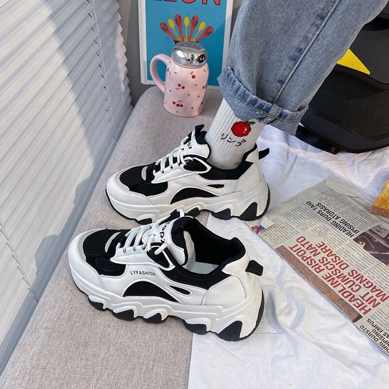 

Colorblock Lace-up Chunky Sneakers, Black and white