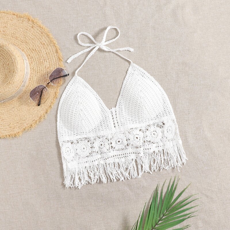 

Fringe Hem Tie Back Halter Top, White