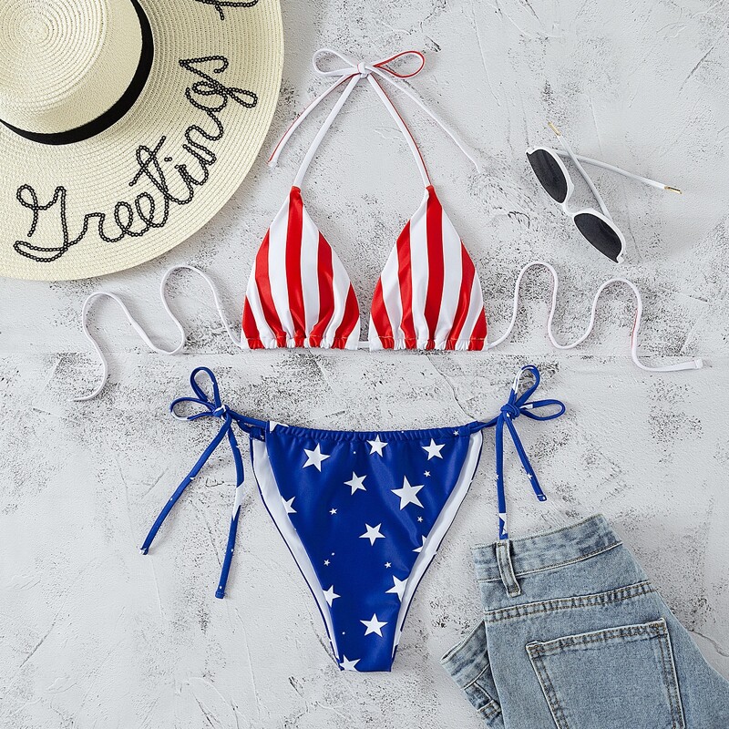 

American Flag Print Micro Triangle Bikini Swimsuit, Multicolor