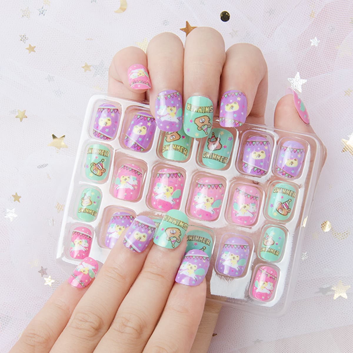 

20pcs Kids Cartoon Graphic Fake Nail, Multicolor