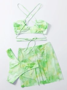3packs Tie Dye Drawstring Bikini With Cover Up - Green - View 2