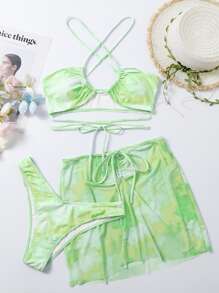 3packs Tie Dye Drawstring Bikini With Cover Up - Green - View 4