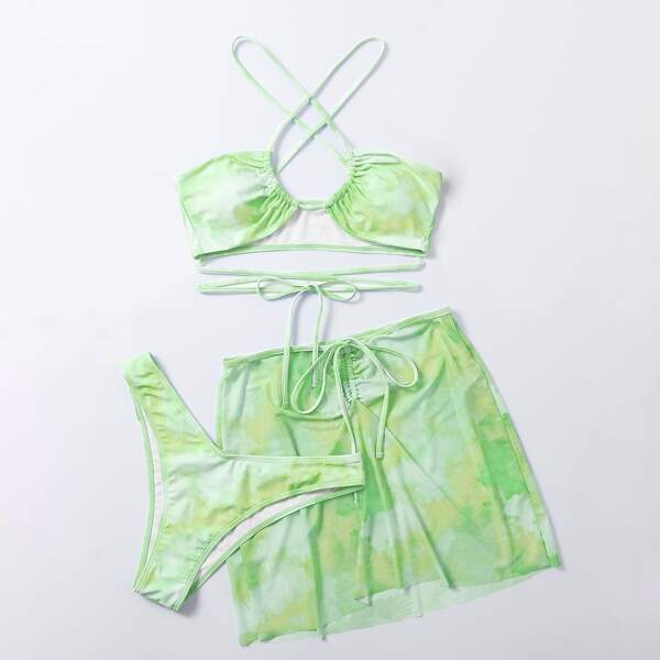 

3pack Tie Dye Drawstring Bikini Swimsuit With Cover Up, Green