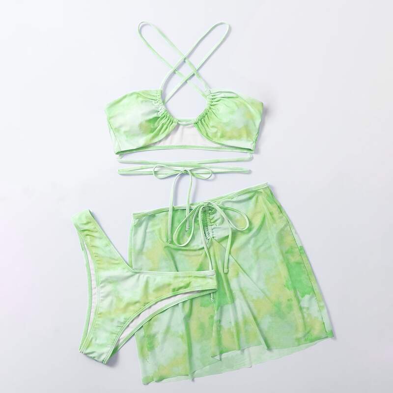 

3pack Tie Dye Drawstring Bikini Swimsuit With Cover Up, Green