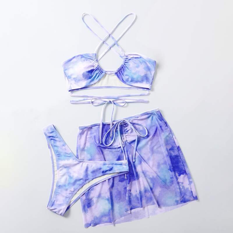 

3pack Tie Dye Drawstring Bikini Swimsuit With Cover Up, Purple