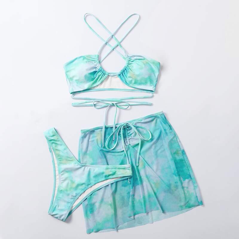 

3pack Tie Dye Drawstring Bikini Swimsuit With Cover Up, Multicolor