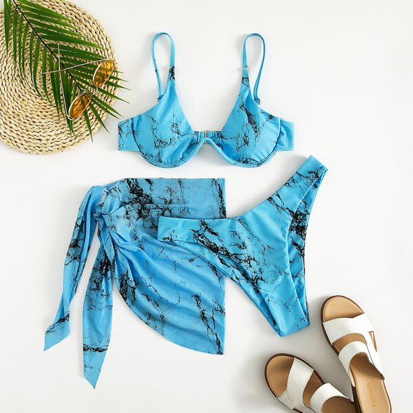 

3pack Marble Print Underwire Bikini Swimsuit & Cover Up, Blue