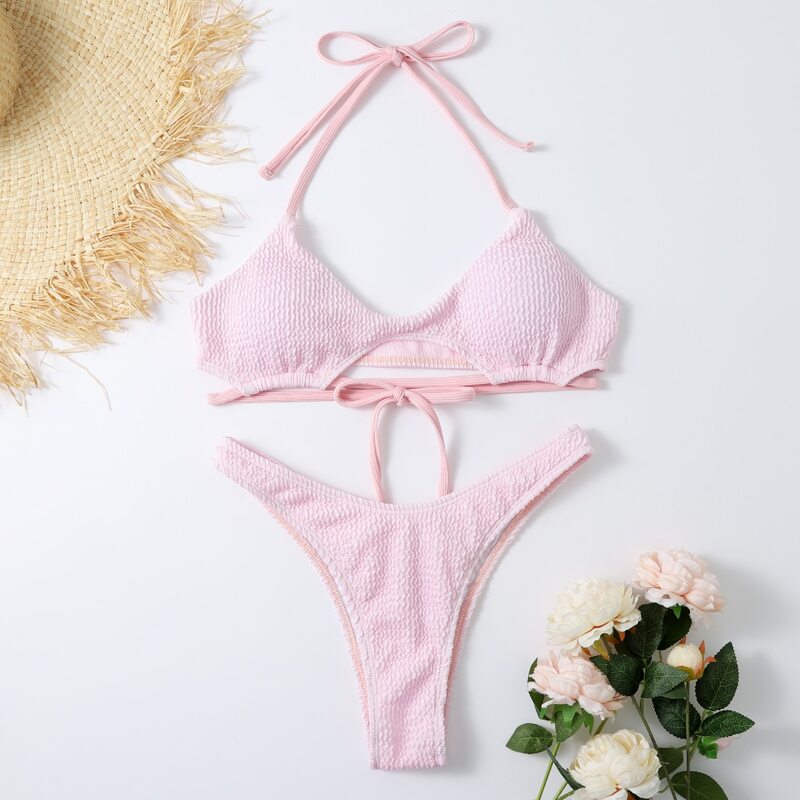 

Textured Cut-out Halter High Cut Bikini Swimsuit, Pink