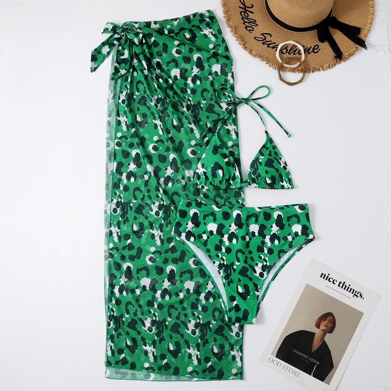 

3pack Leopard Micro Triangle Bikini Swimsuit & Beach Skirt, Green