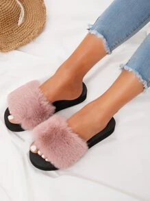 露趾毛絨拖鞋 - 藕粉色 - 查看 1