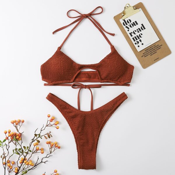 

Textured Halter High Cut Bikini Swimsuit, Coffee brown