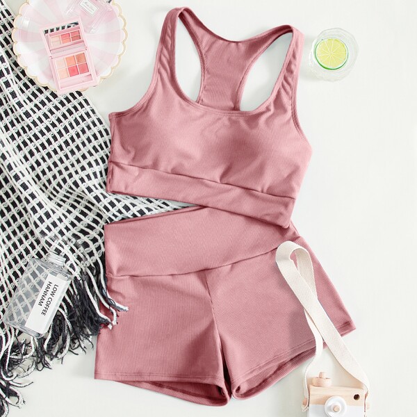 

Rib Shorts Bikini Swimsuit, Pink